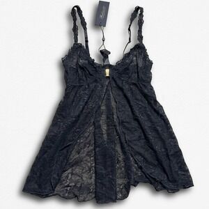 Fredericks of Hollywood Black Lace Babydoll Chemise Lingerie Flyaway Front Med